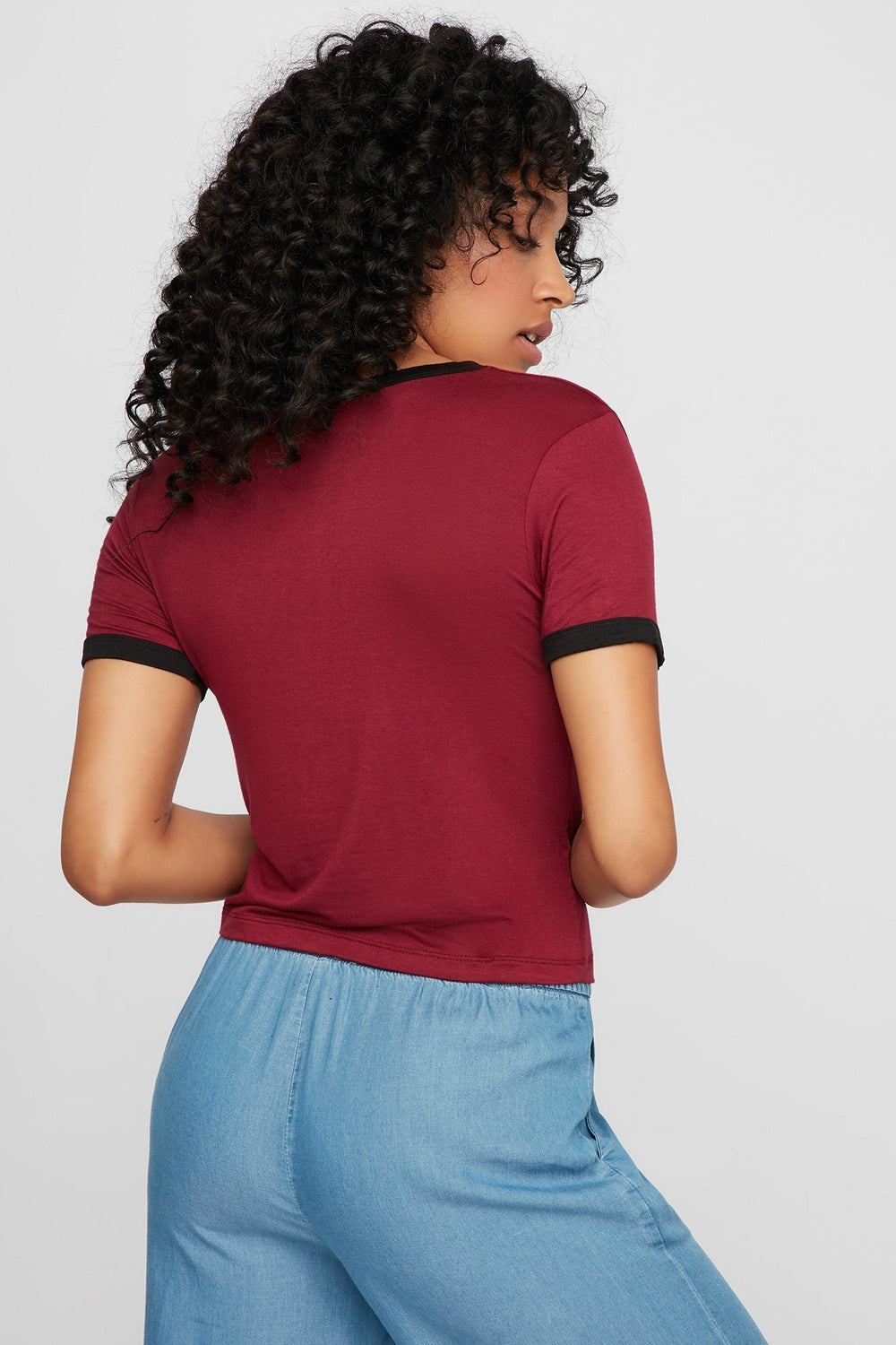 Women Lightweight Coloured Ringer T-Shirt Dark Red