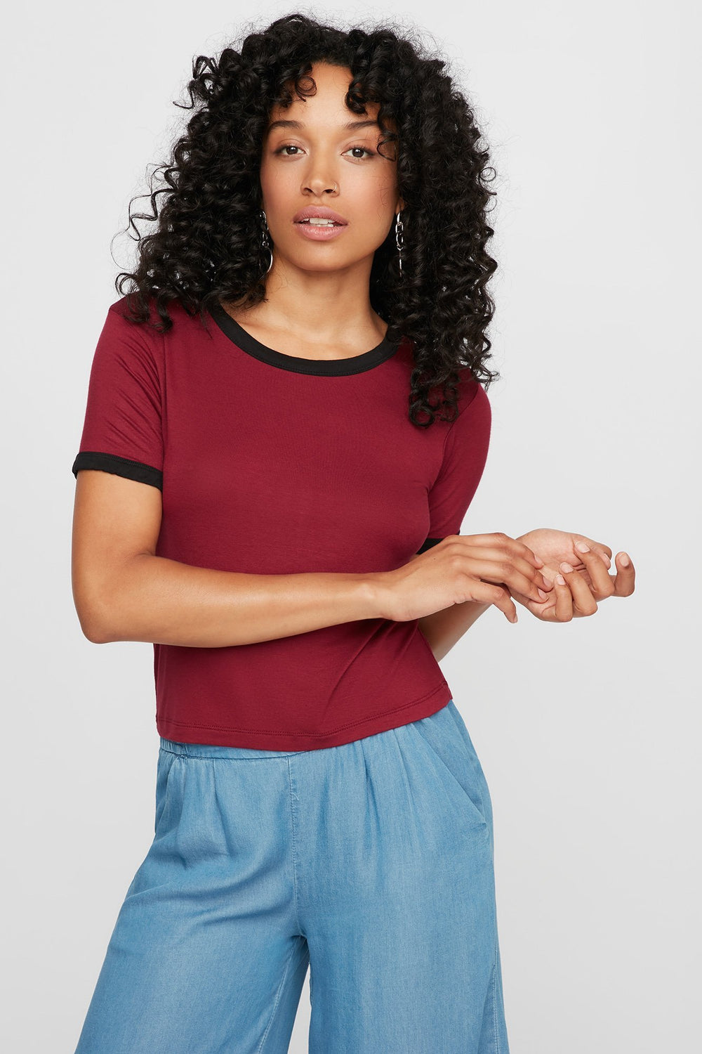 Women Lightweight Coloured Ringer T-Shirt Dark Red