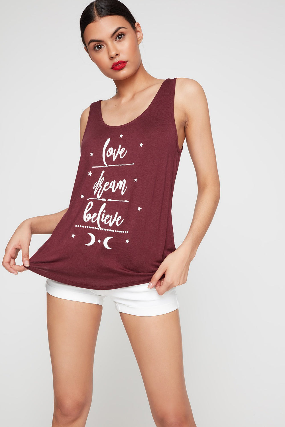 Women Love Dream Believe Caged-Back Graphic Tank Dark Red