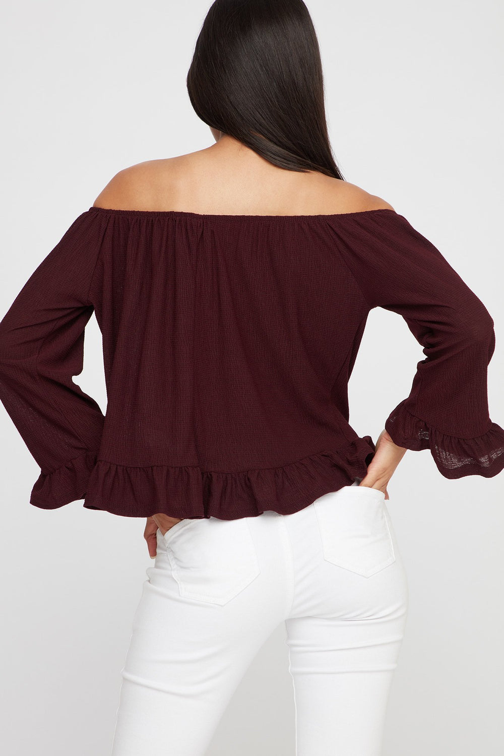 Women Off The Shoulder Ruffle Bell Sleeve Peplum Blouse Dark Red
