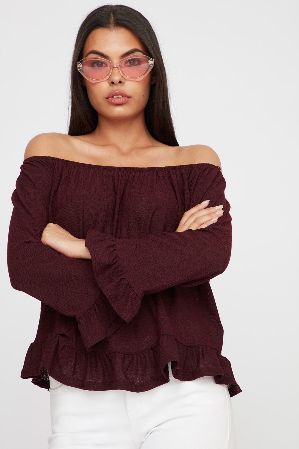 Women Off The Shoulder Ruffle Bell Sleeve Peplum Blouse Dark Red