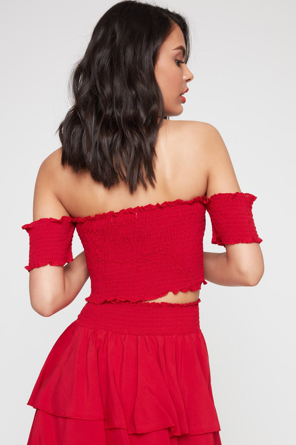 Women Off The Shoulder Smocked Cropped Blouse Dark Red