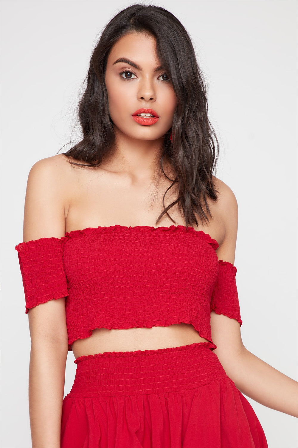 Women Off The Shoulder Smocked Cropped Blouse Dark Red