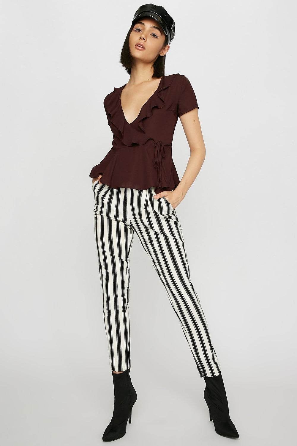 Women Ruffle Wrap Blouse Dark Red
