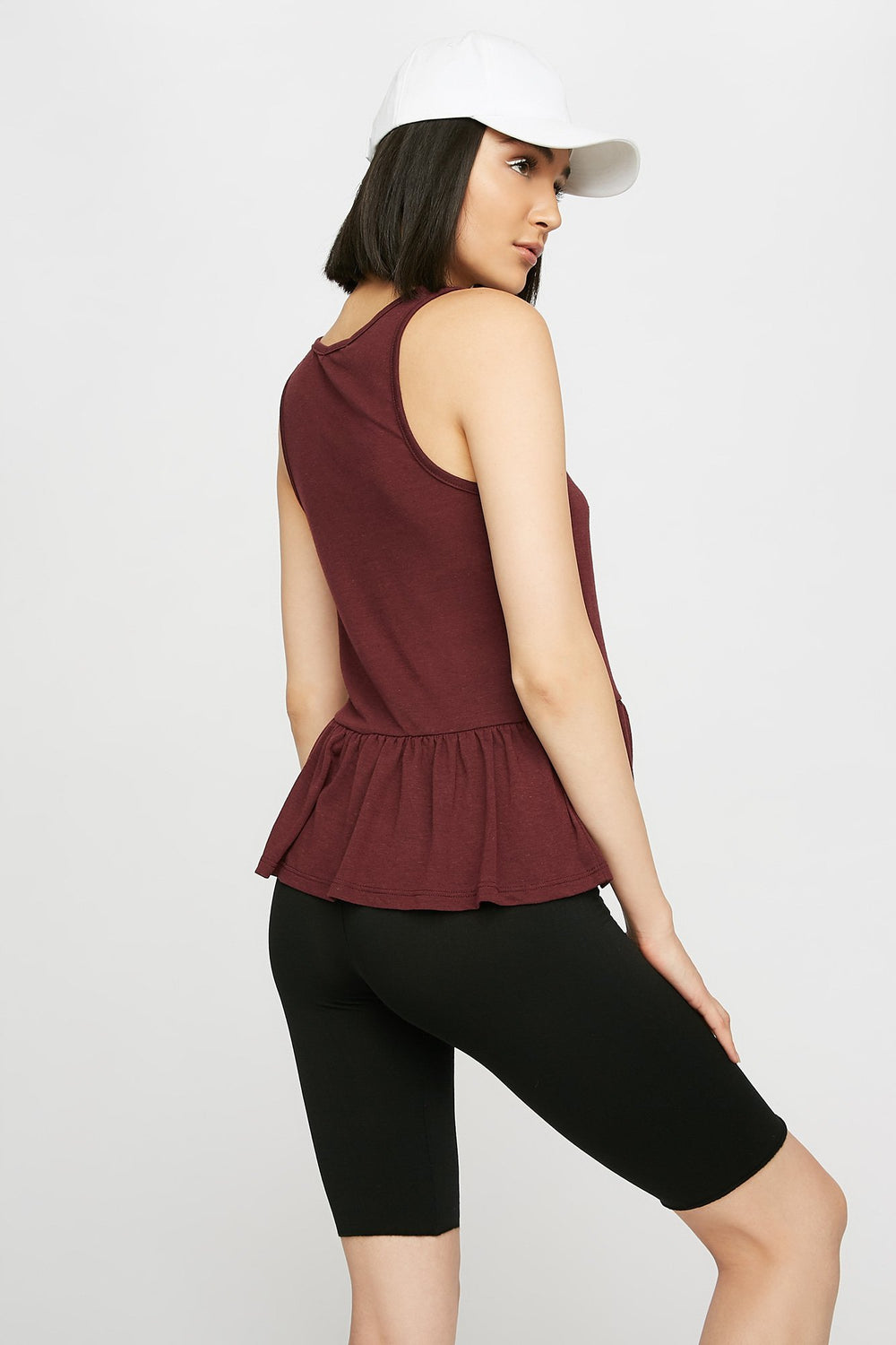 Women Scoop Neck Peplum Tank Dark Red