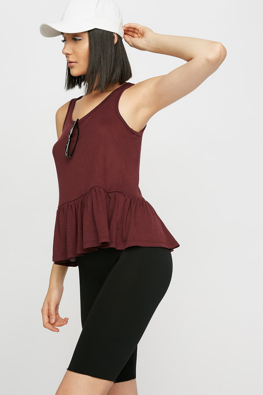Women Scoop Neck Peplum Tank Dark Red