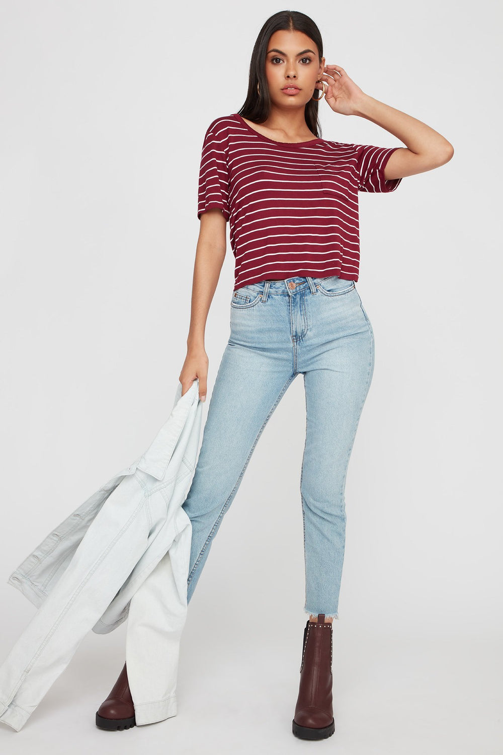 Women T-Back Striped Cropped T-Shirt Dark Red