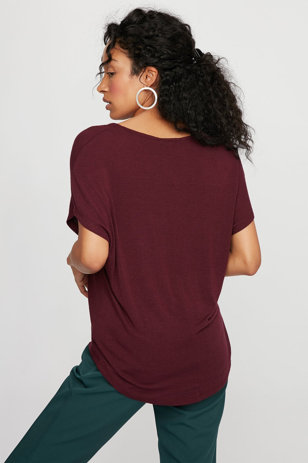 Women V-Neck  Basic Dolman T-Shirt Dark Red