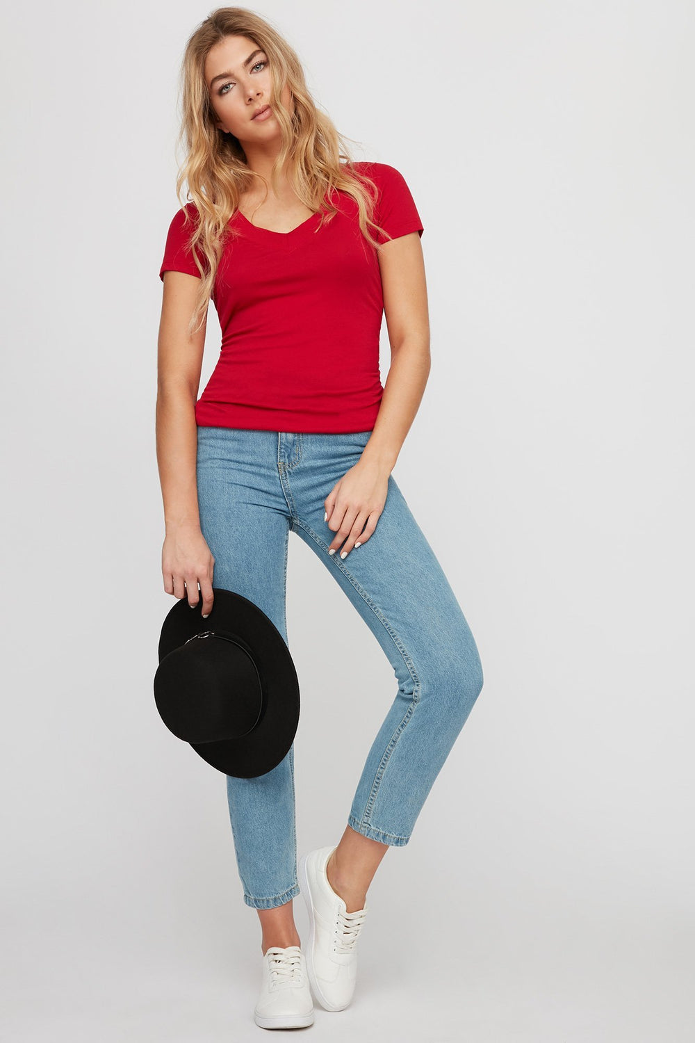 Women V-Neck Basic Soft T-Shirt Dark Red
