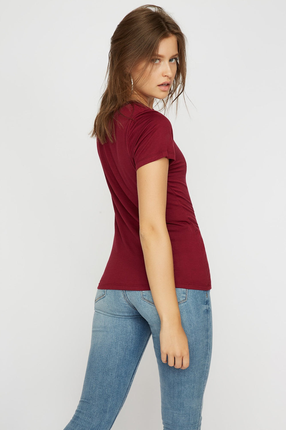 Women V-Neck Choker T-Shirt Dark Red