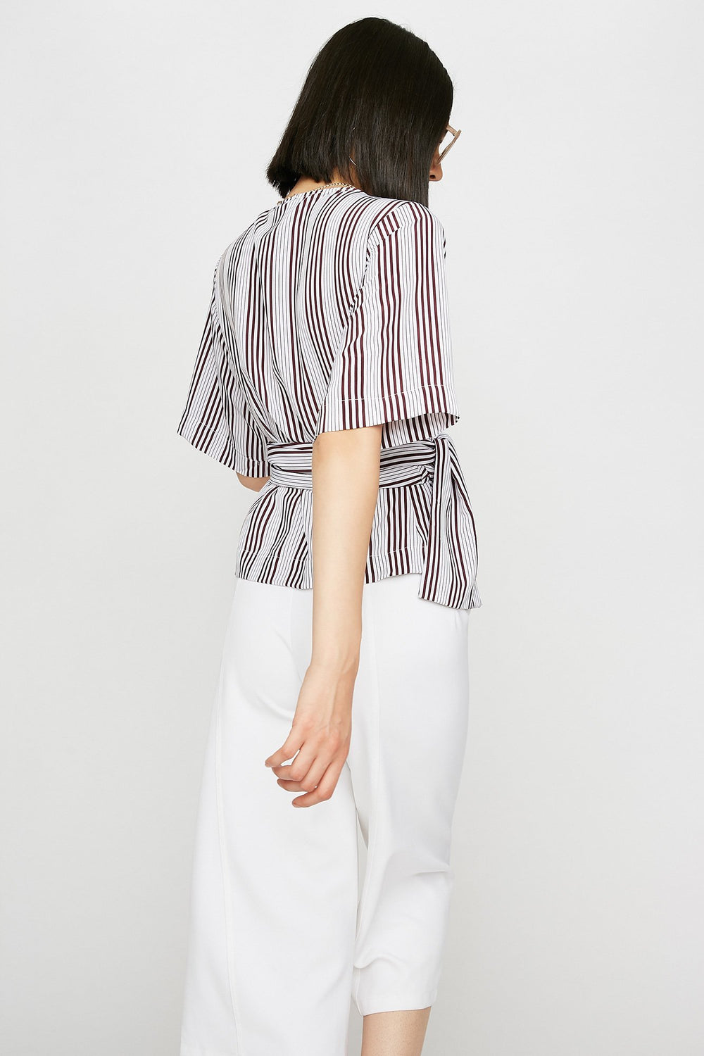 Women V-Neck Striped Wrap Cropped Blouse Dark Red