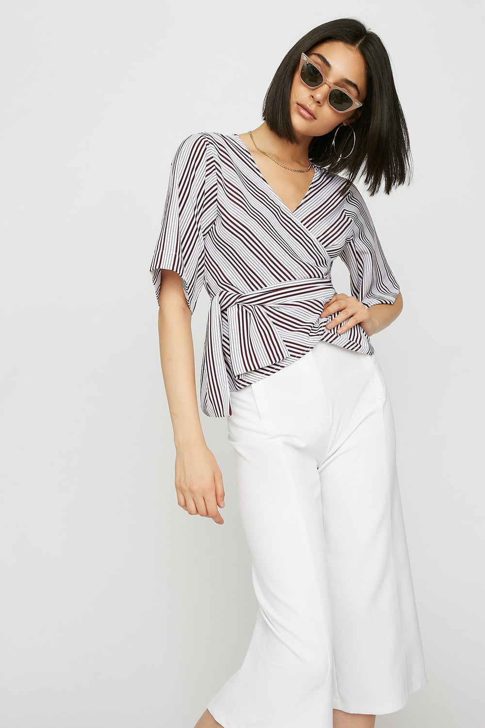 Women V-Neck Striped Wrap Cropped Blouse Dark Red