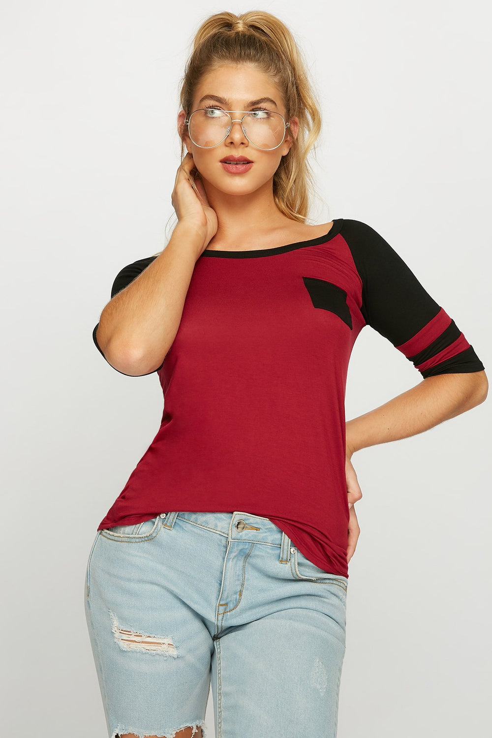 Women Varsity Striped Dolphin Hem Pocket T-Shirt Dark Red
