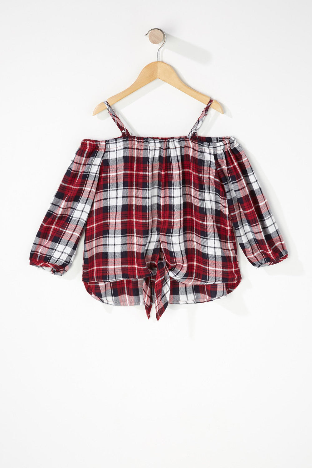 Kids Girls Off The Shoulder Self-Tie Front Knot Plaid Blouse Dark Red