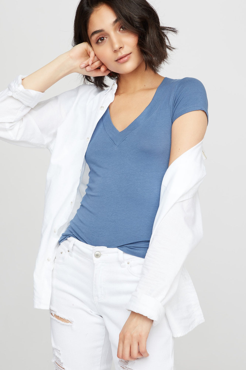 Women Basic V-Neck T-Shirt Denim Blue