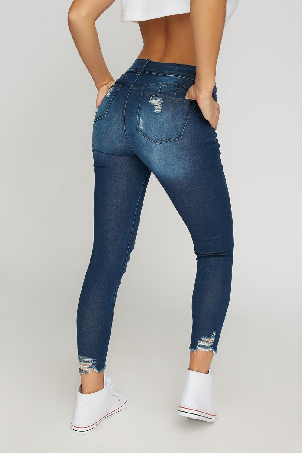 Women Butt I Love You Distressed Frayed Hem Cropped Jean Denim Blue