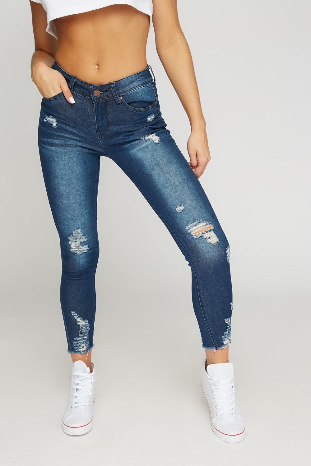 Women Butt I Love You Distressed Frayed Hem Cropped Jean Denim Blue