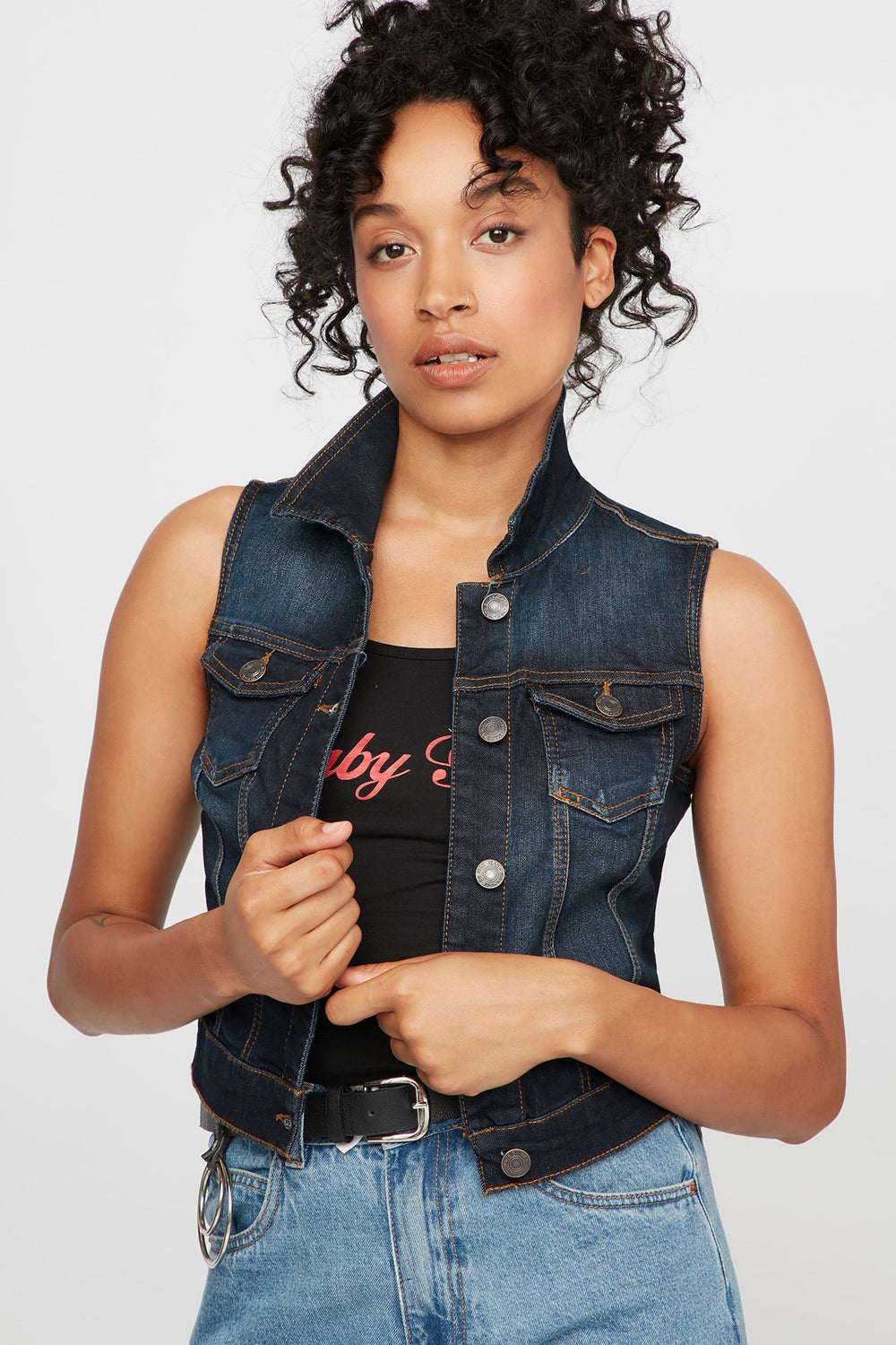 Women Cropped Classic Denim Vest Denim Blue