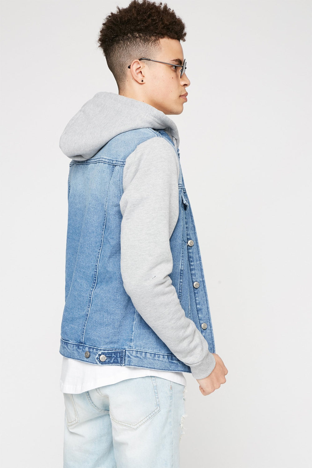 Men French Terry Knit Hooded Denim Jacket Denim Blue