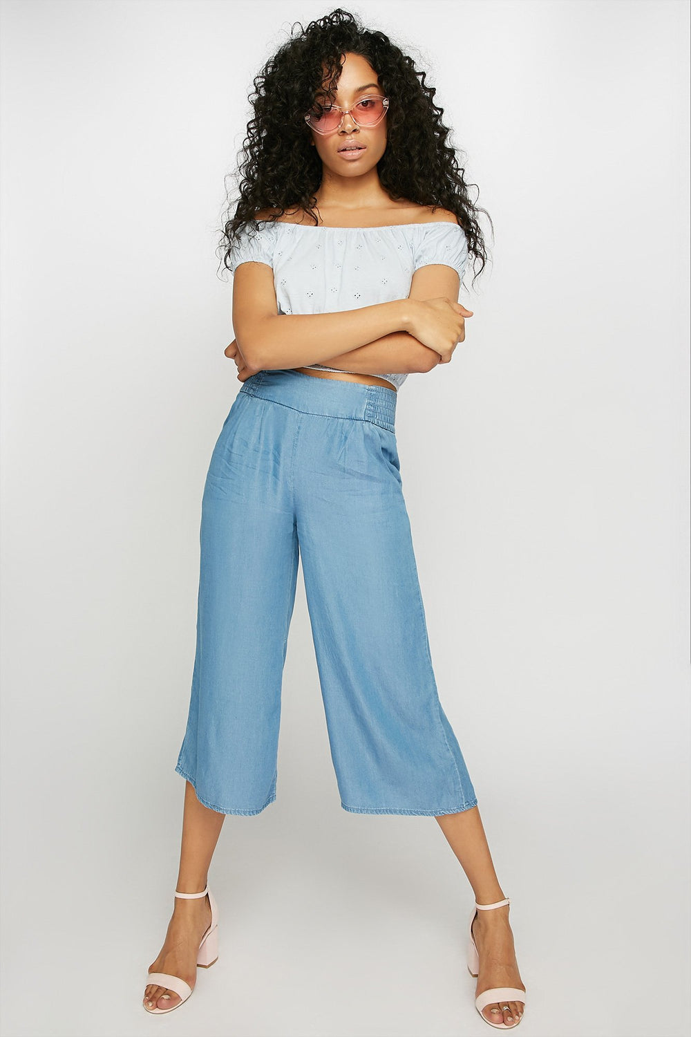 Women High-Rise Pull-On Chambray Culotte Pant Denim Blue