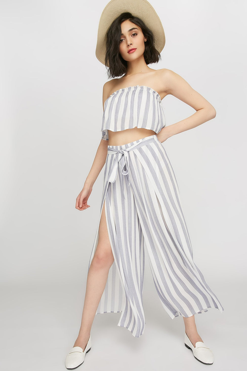 Women High-Rise Self-Tie Striped Slit Palazzo Pant Denim Blue