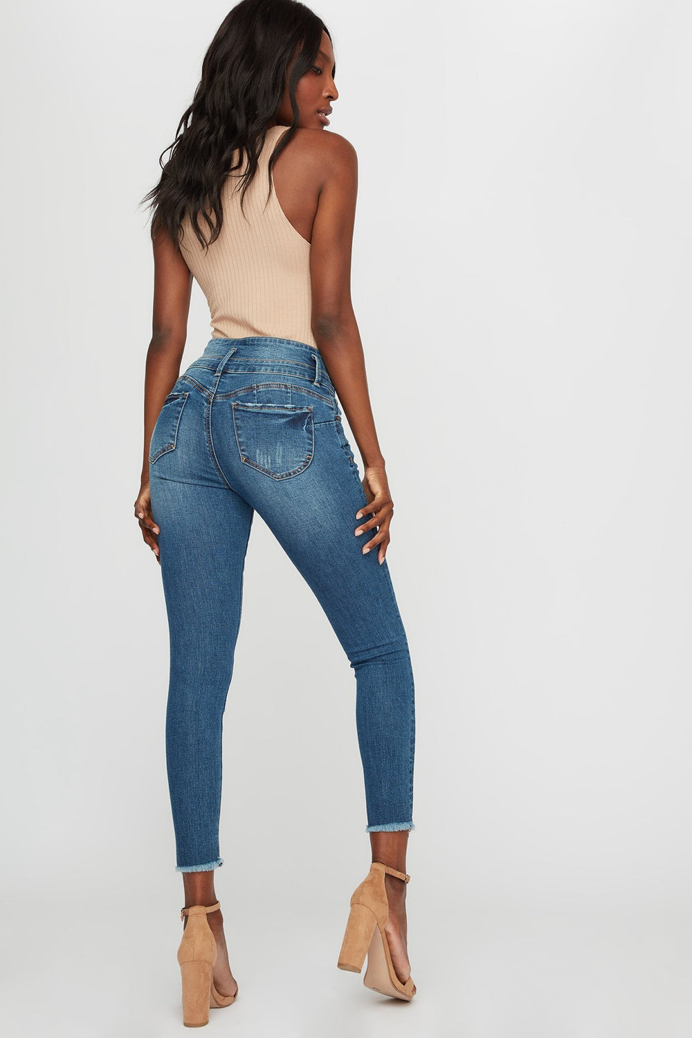Women Ibiza 3-Tier High-Rise Push Up Distressed Frayed Hem Skinny Jean Denim Blue