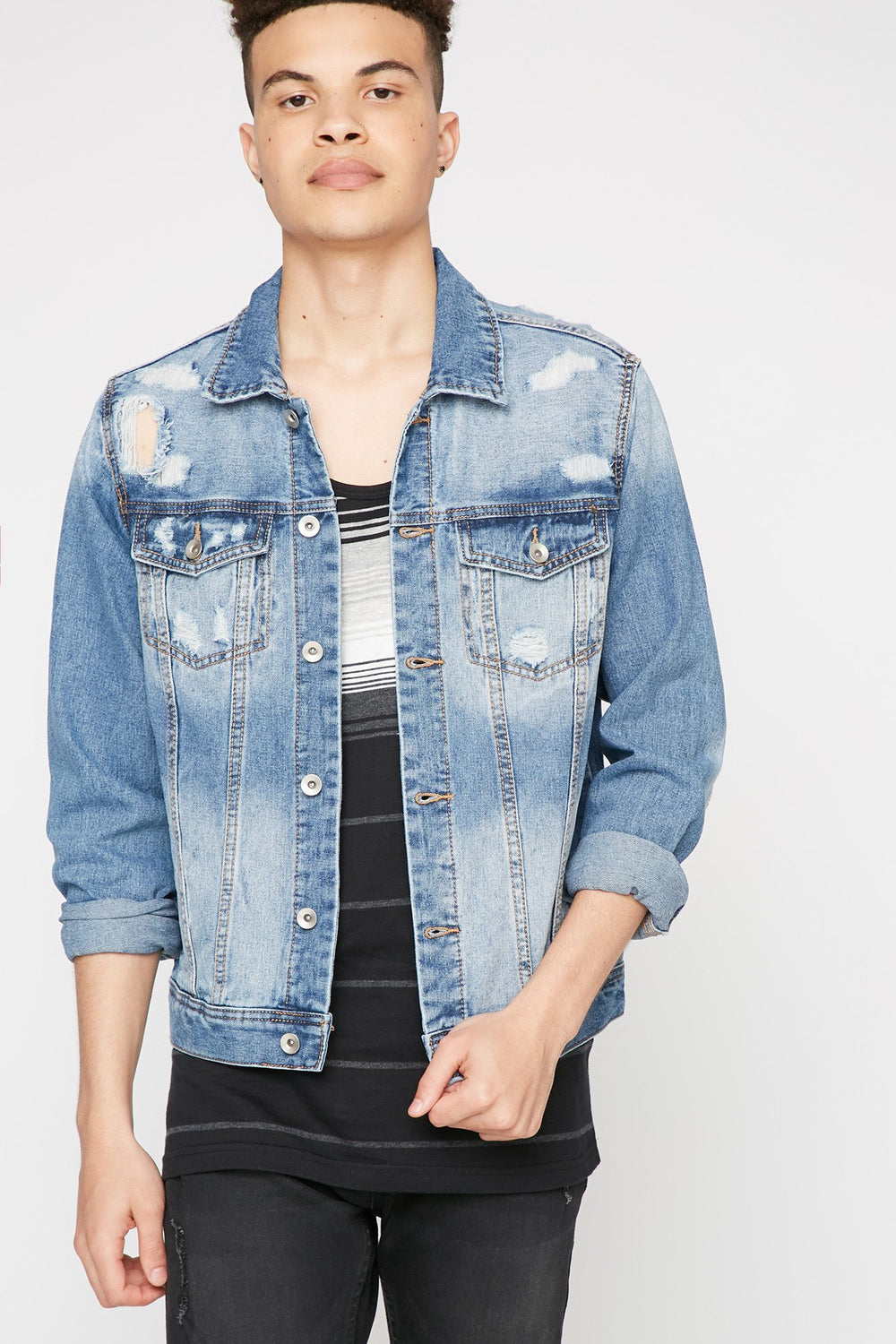 Men Light Wash Distressed Denim Trucker Jacket Denim Blue