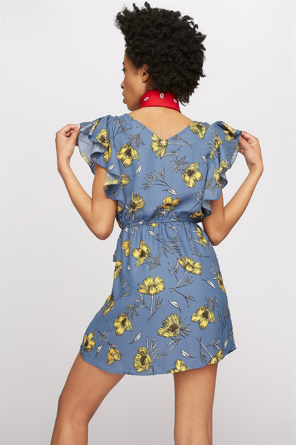 Women Ruffle Faux-Wrap Self-Tie Printed Mini Dress Denim Blue
