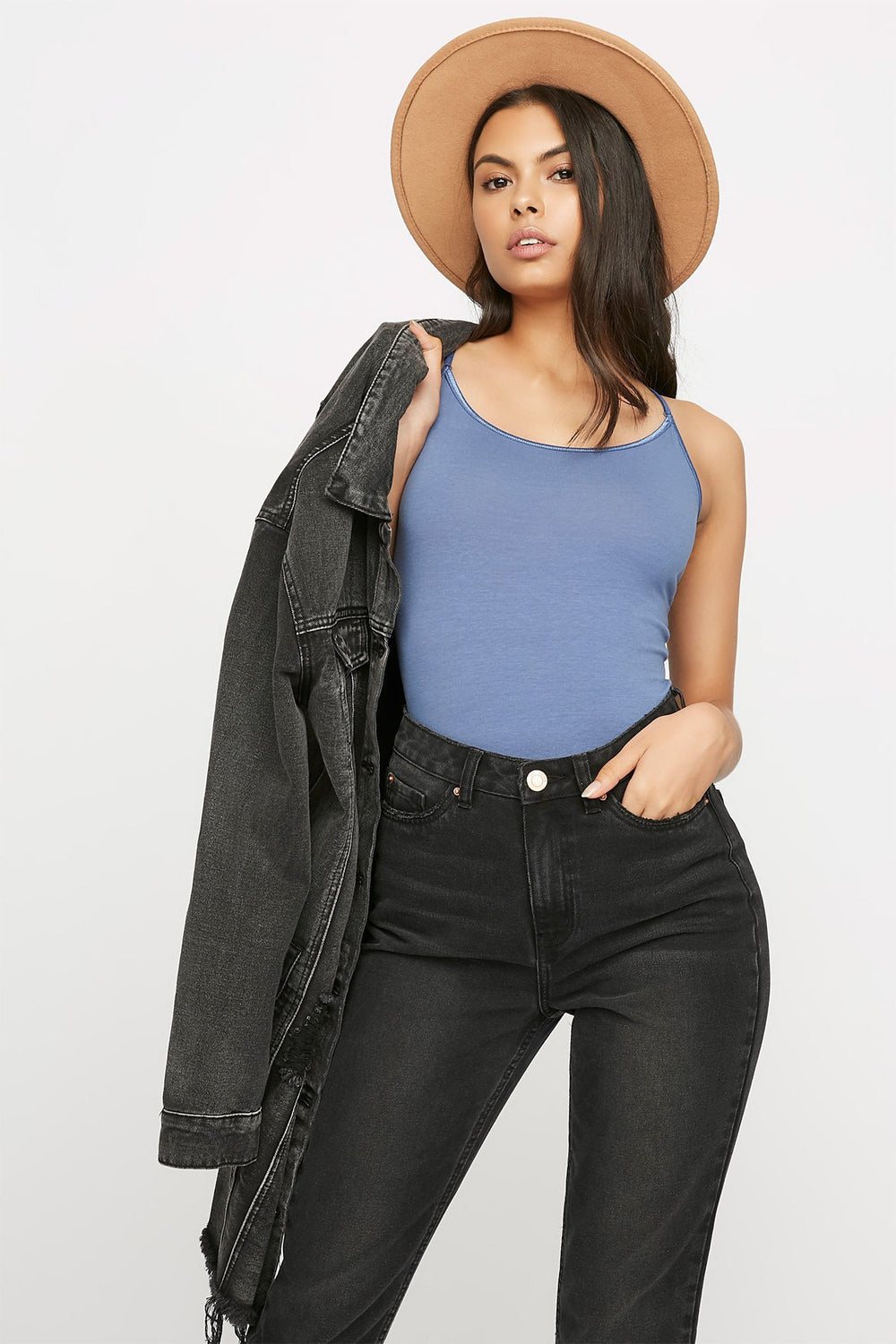 Women Scoop Neck Longline Basic Camisole Denim Blue