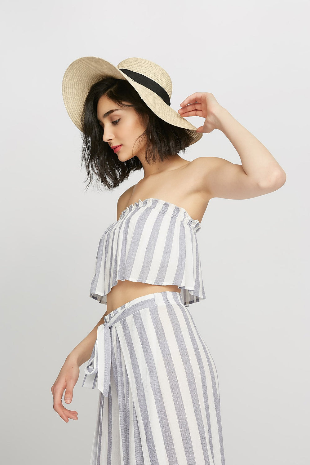 Women Striped Ruffle Tube Top Denim Blue