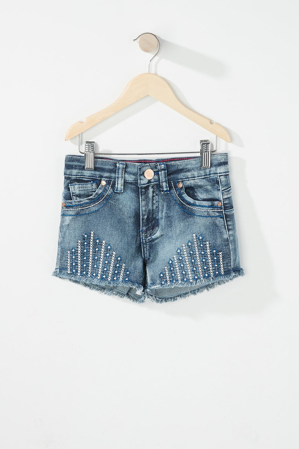 Kids Girls Embroidered Frayed Hem Denim Short Denim Blue