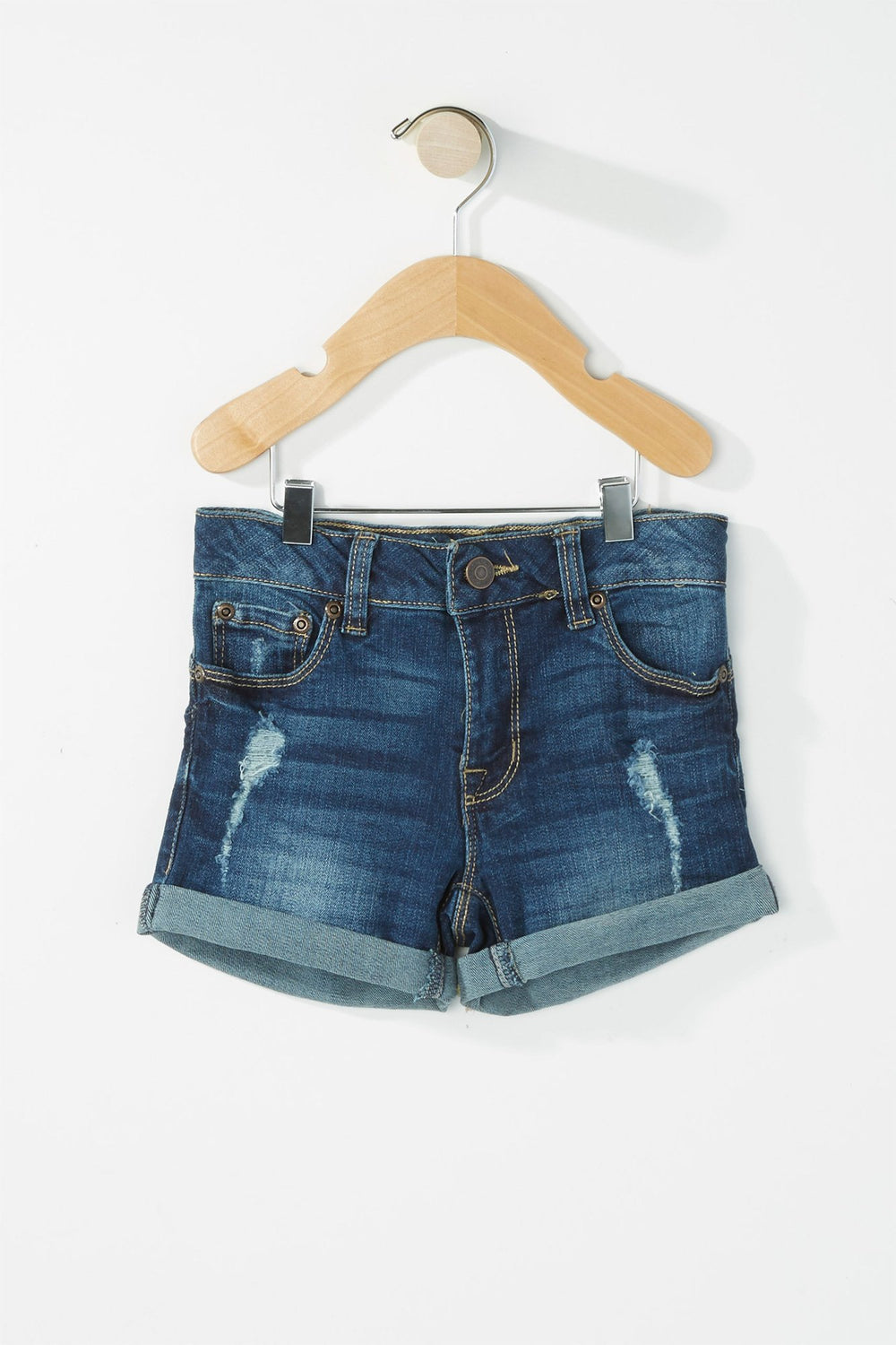 Kids Girls Roll-Up Distressed Denim Short Denim Blue