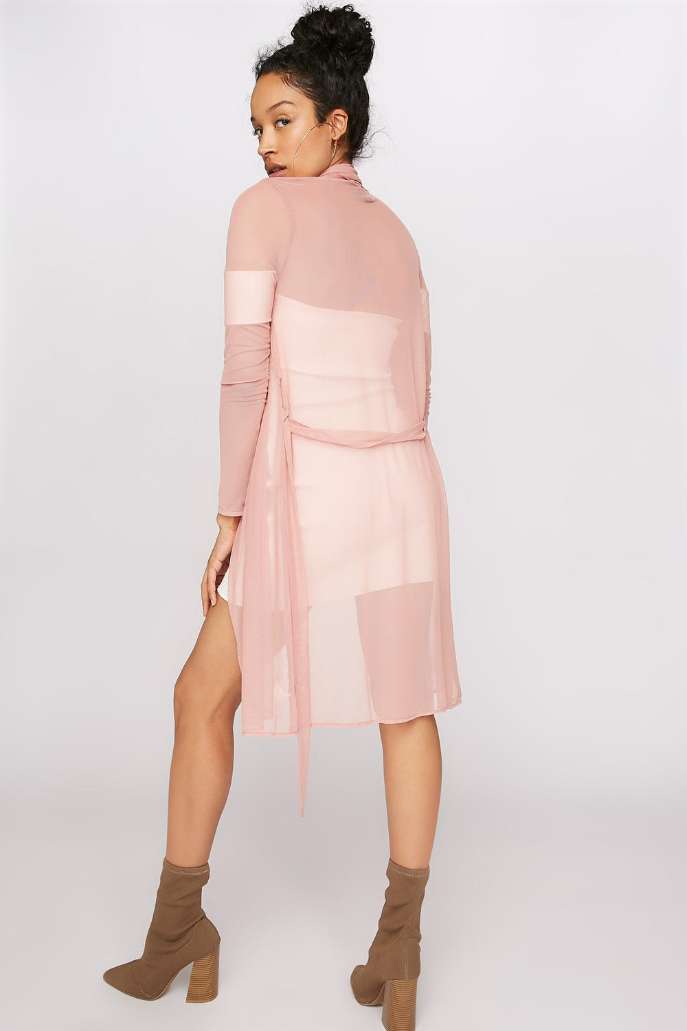 Women Cardigan long asymétrique en filet avec ceinture Dragée