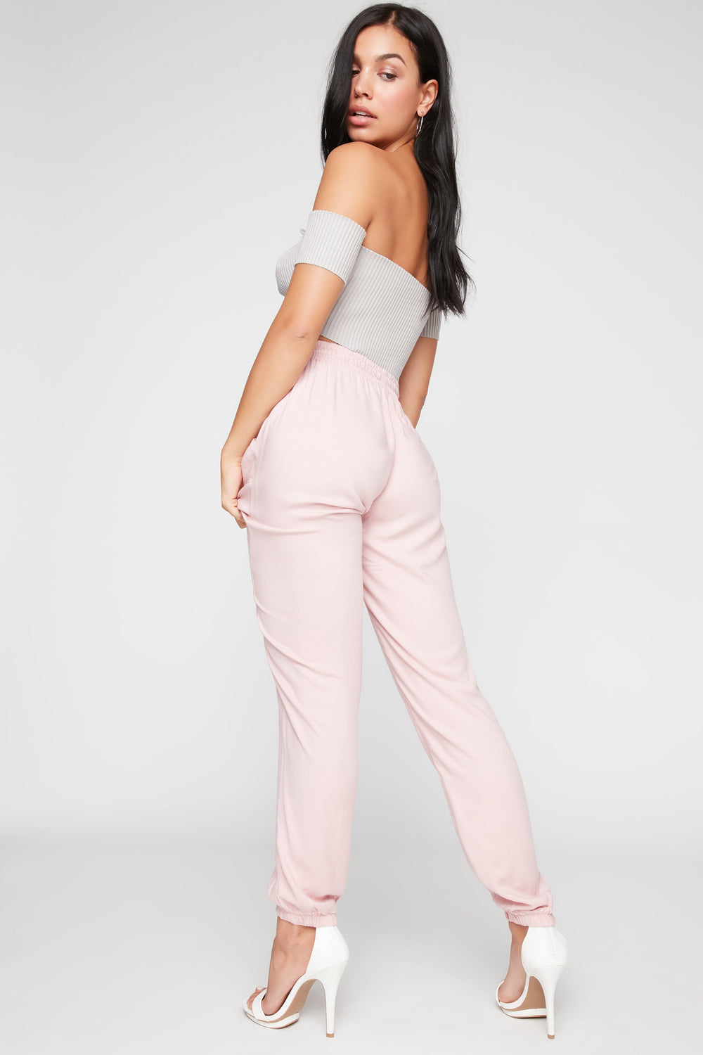 Women Pantalon à taille haute avec taille coulissante Dragée