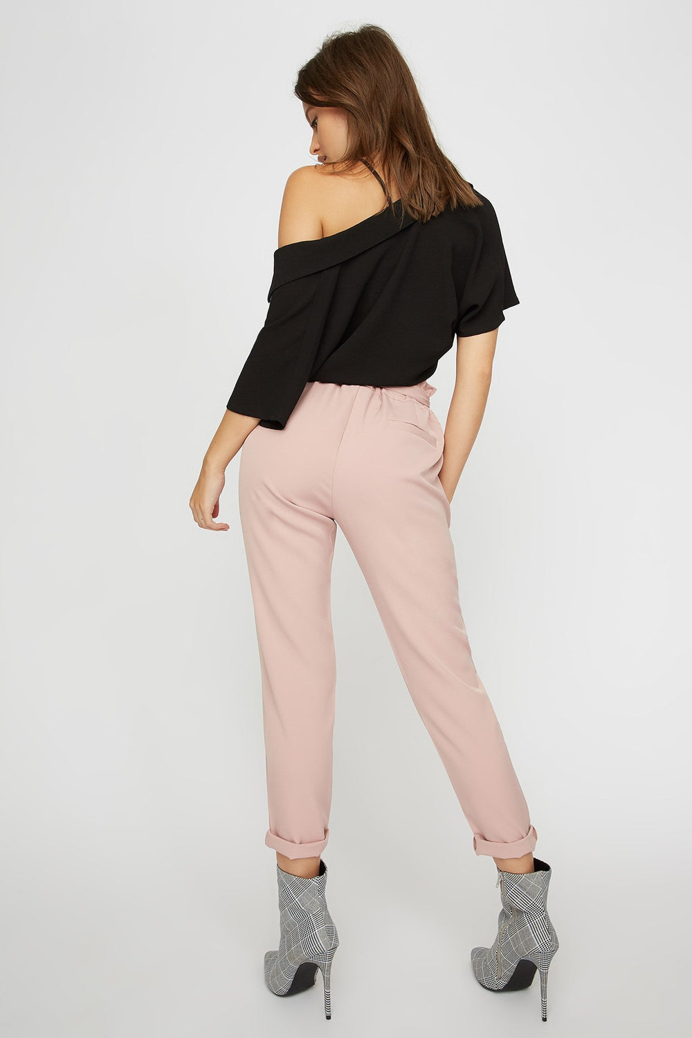 Women Pantalon à taille haute roulée avec attache Dragée