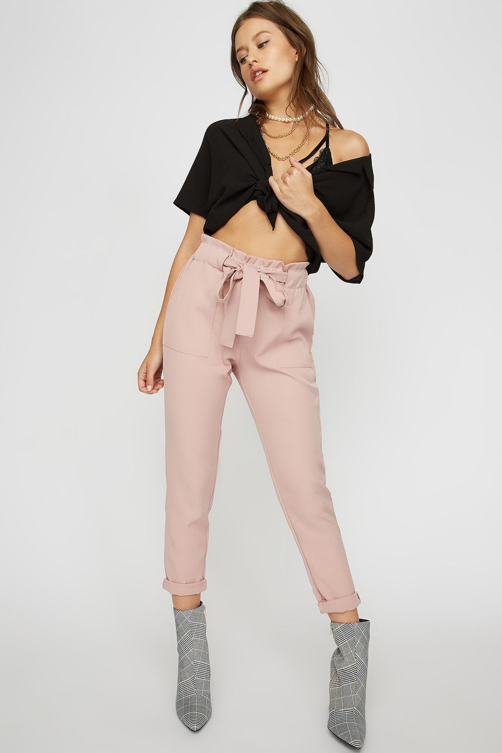Women Pantalon à taille haute roulée avec attache Dragée
