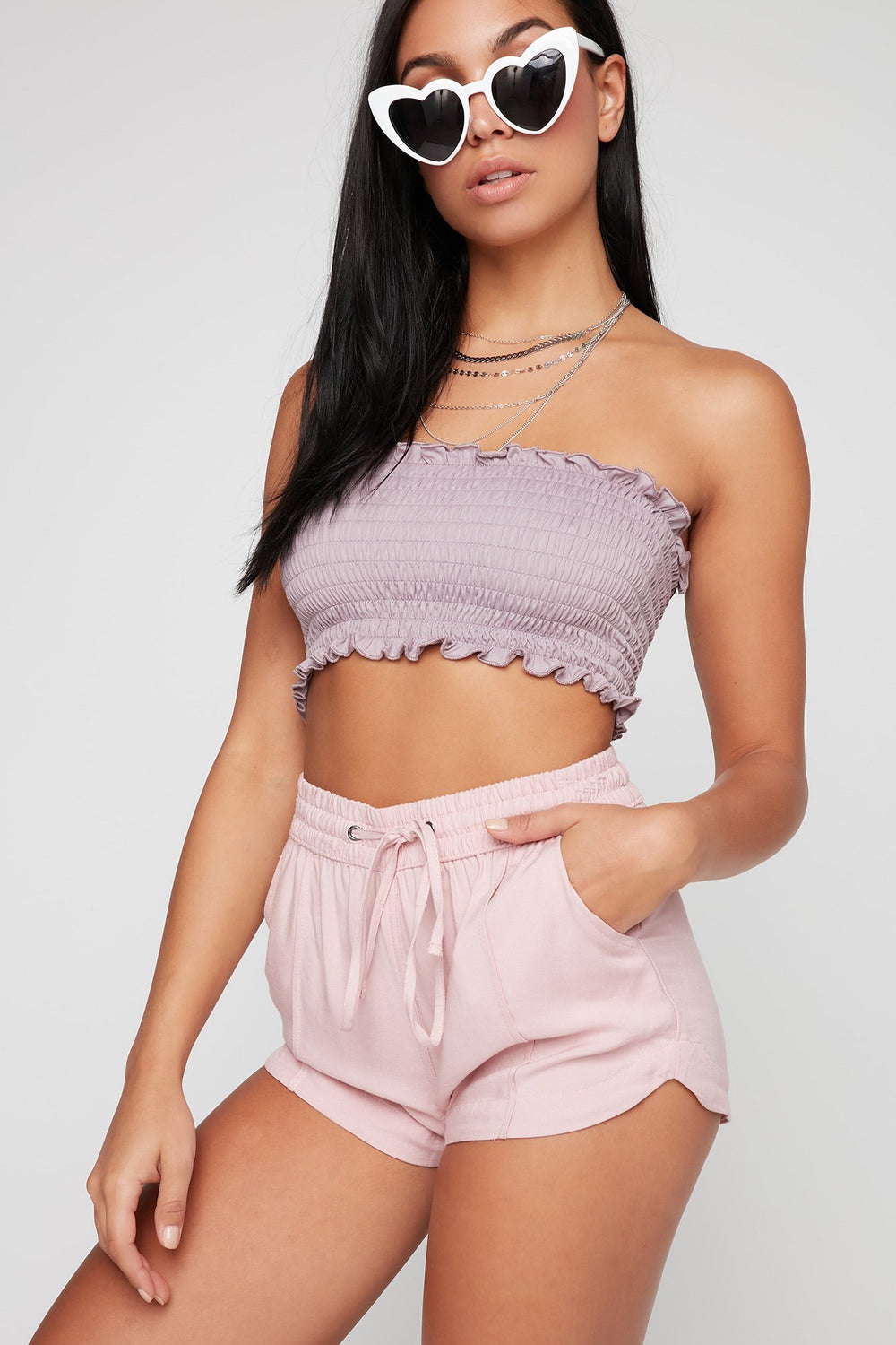 Women Short à taille haute avec ourlet arrondi et taille coulissante Dragée
