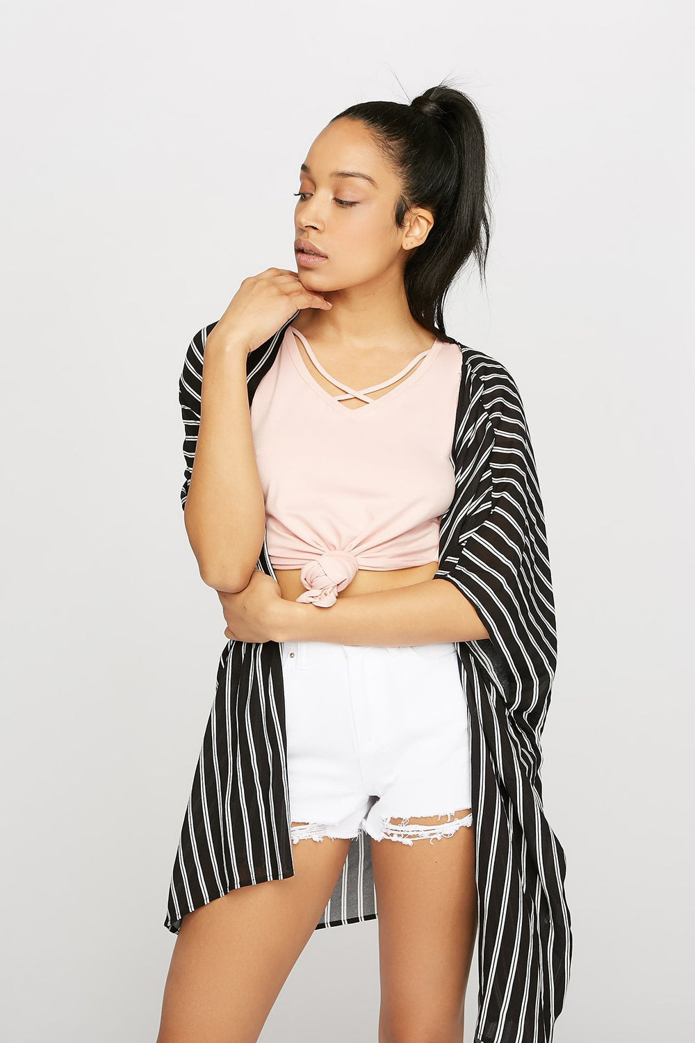 Women Caged Side Slit Dolphin Hem T-Shirt Dusty Rose