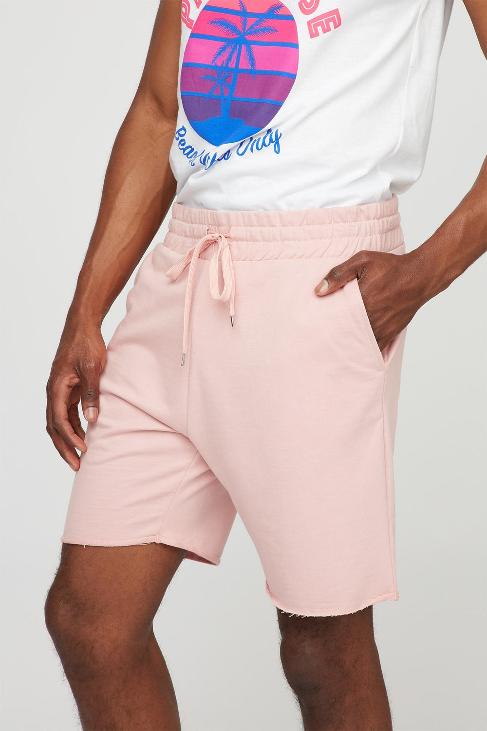 Men Fleece Slim Frayed Hem Drawstring Jogger Short Dusty Rose