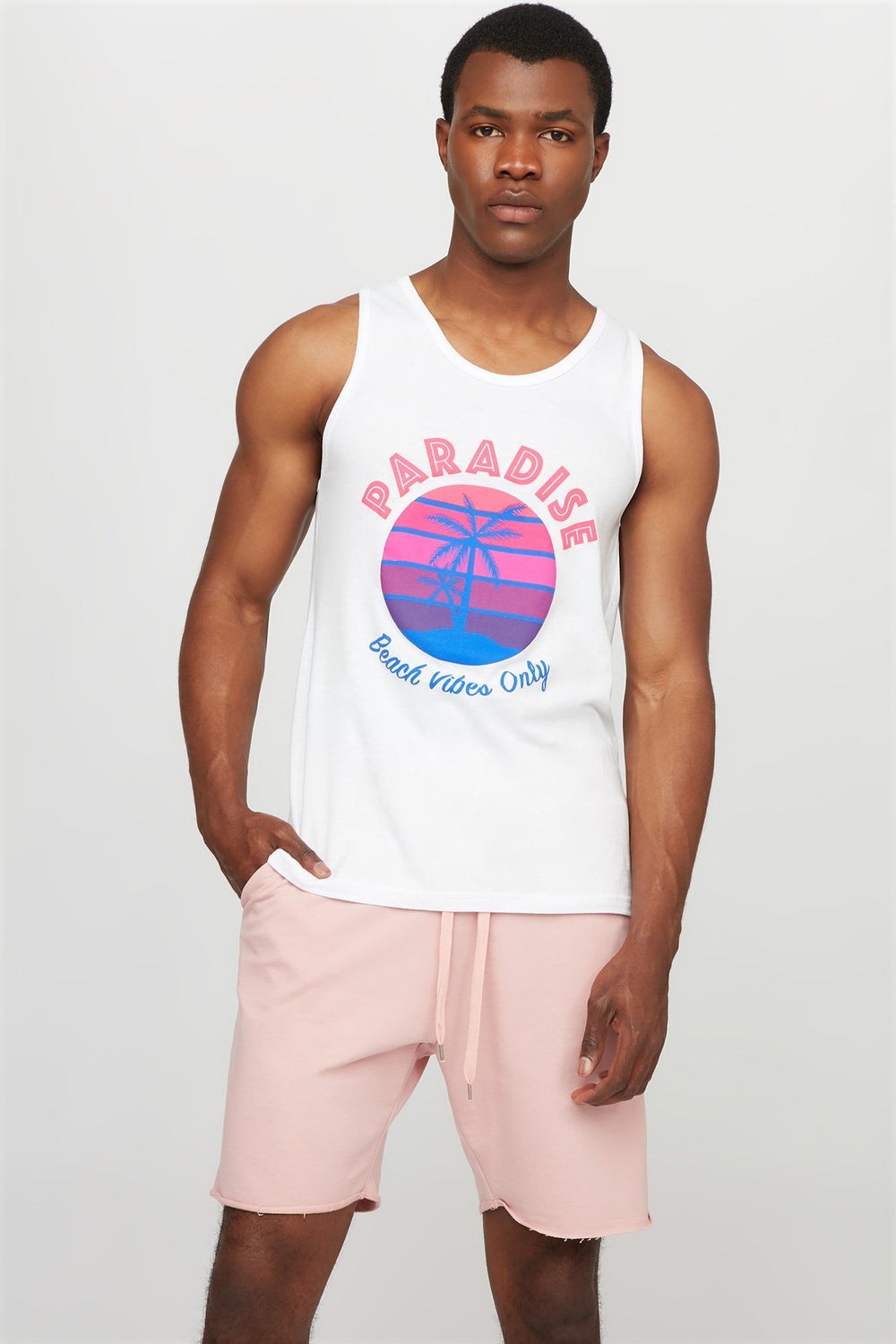 Men Fleece Slim Frayed Hem Drawstring Jogger Short Dusty Rose