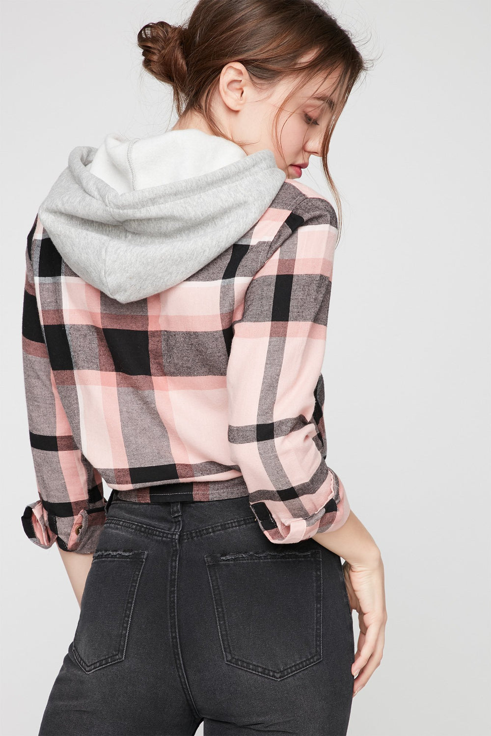 Women Hooded French Terry Plaid Button-Up Shirt Dusty Rose