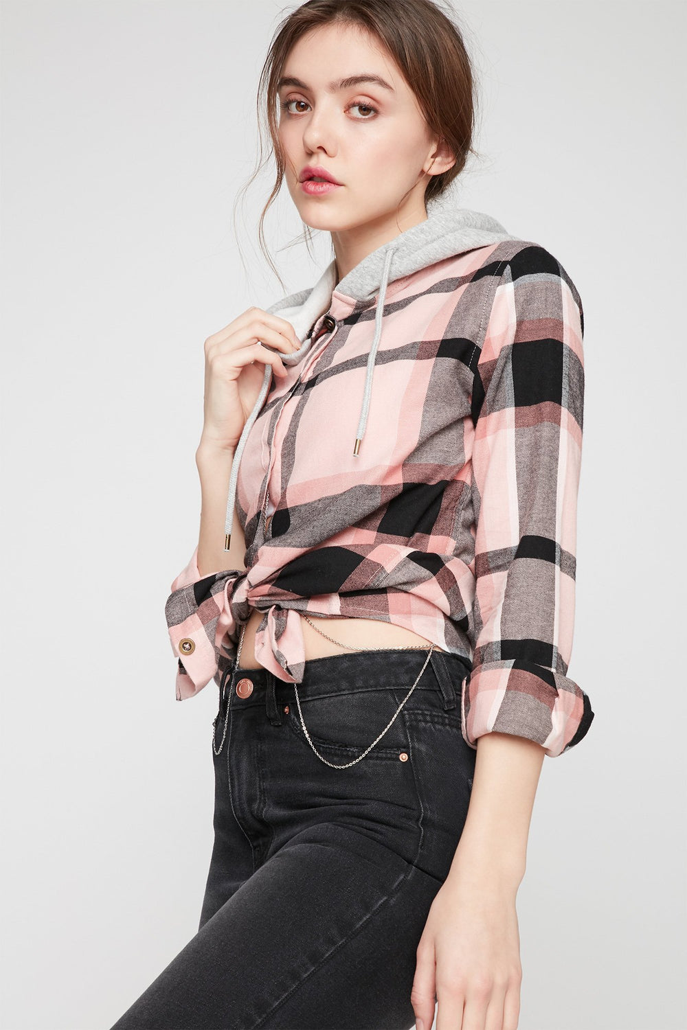 Women Hooded French Terry Plaid Button-Up Shirt Dusty Rose