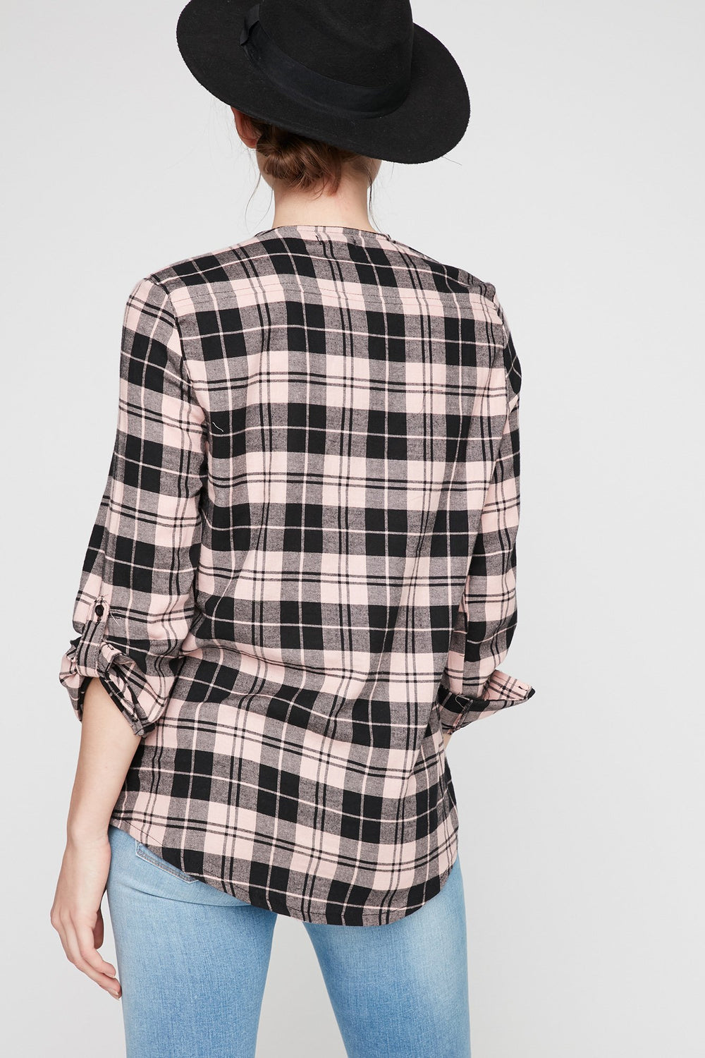 Women Lace-Up Front Plaid Button-Up Blouse Dusty Rose