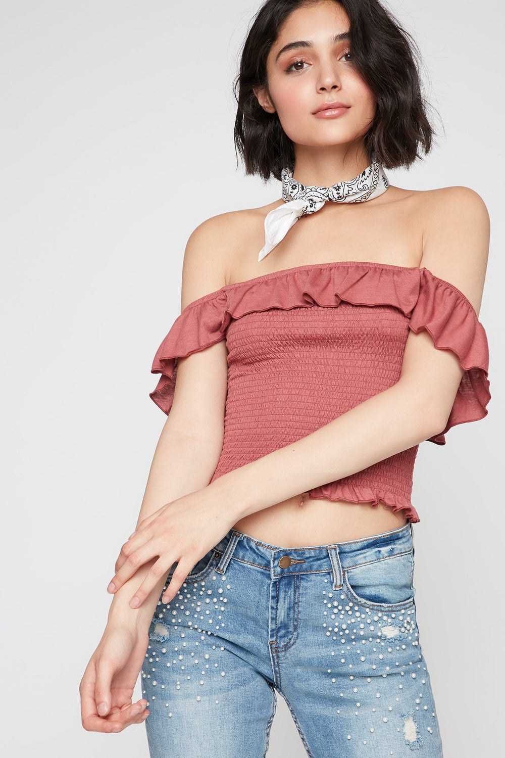 Women Off The Shoulder Ruffle Smocked Cropped T-Shirt Dusty Rose
