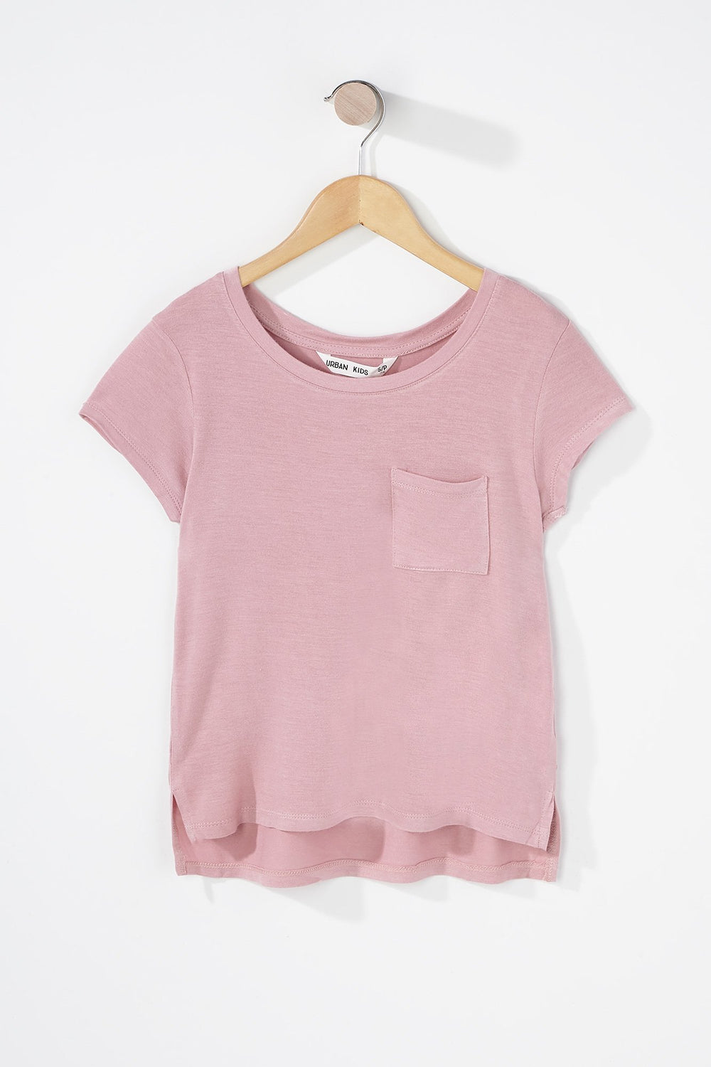 Kids Girls Scoop Neck High-Low Pocket Basic T-Shirt Dusty Rose