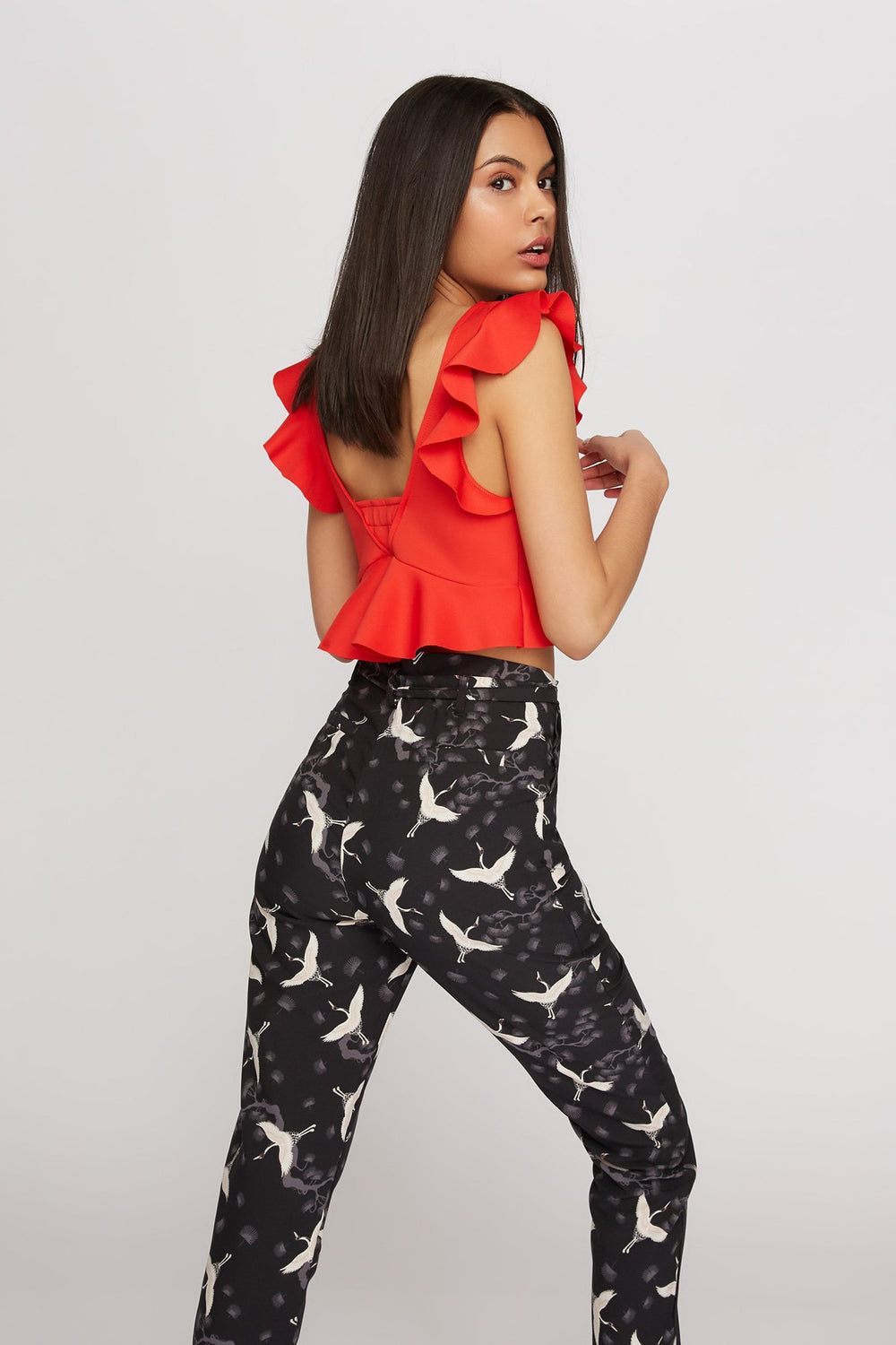 Women Blouse courte de style plongée volantée à encolure en V Écarlate