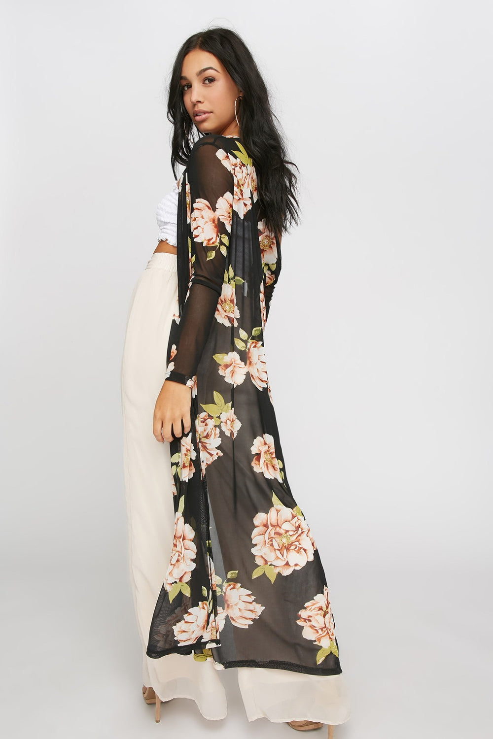 Women Cardigan long en filet fleuri Écossais