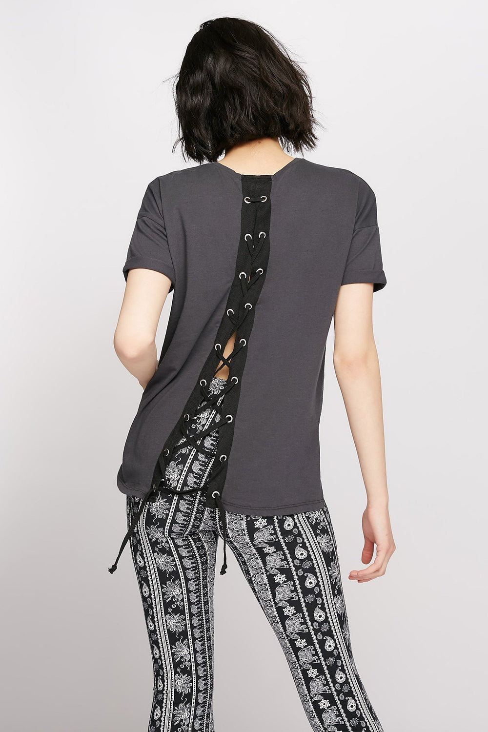 Women T-shirt à dos corset lacé Écossais