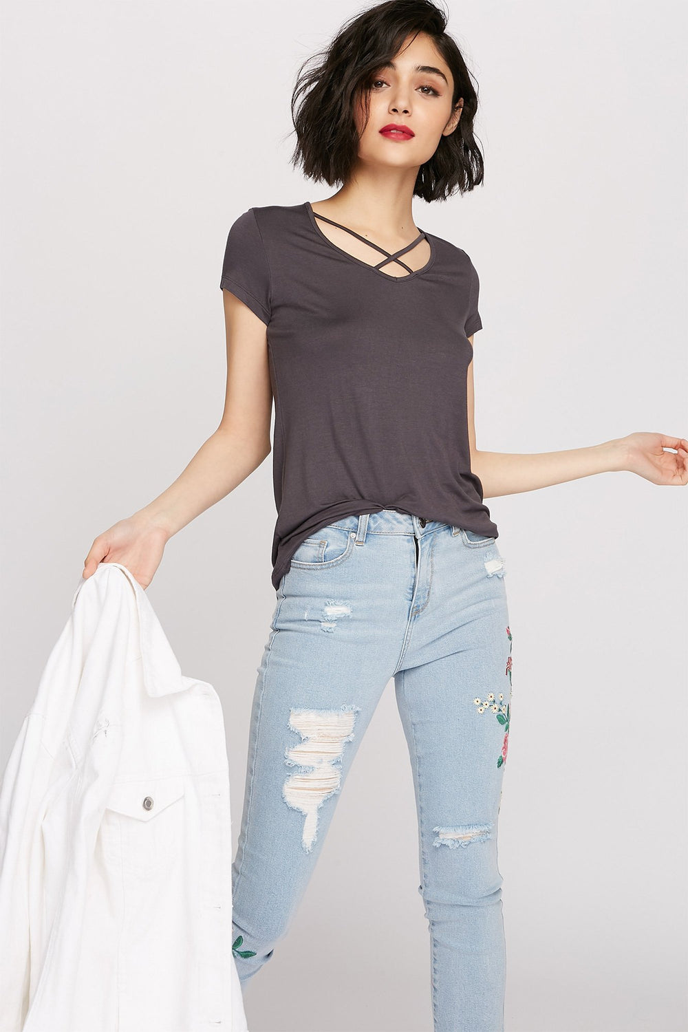 Women T-shirt à motif de cage et encolure arrondie Écossais