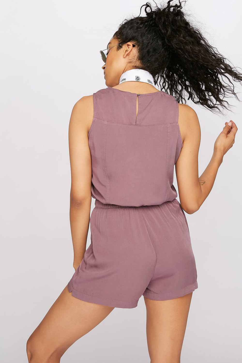 Women Half-Zip Drawstring Sleeveless Romper Eggplant